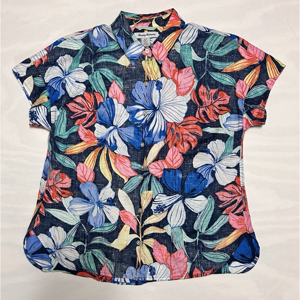 Tommy Bahama Shirt Hawaiian Shirt 100% Linen Shirt Women Floral Top Size Small